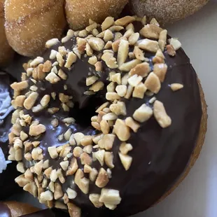 chocolate frosted donuts with nuts on top