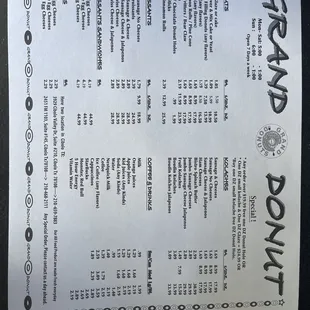 a menu for the grand donuts