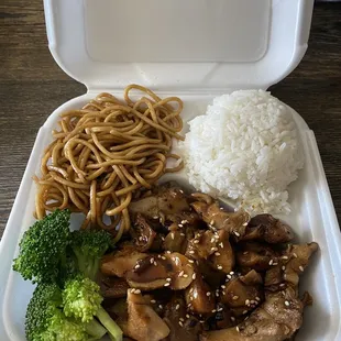 Chicken Teriyaki Dinner Combination, Teriyaki Chicken, White Steam Rice, Lo Mein Noodles, and Broccoli.