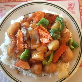 Sweet n sour chicken. Added extra vegetables for $1.