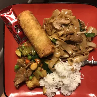 Egg roll, Kung Pao beef, bbq pork chow fun, white rice