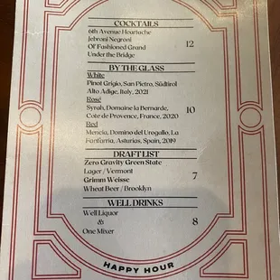 Happy hour menu