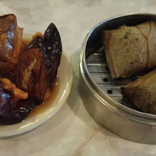Stuffed eggplant and sticky rice in lotus leaf