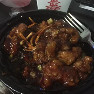 The very hard orange chicken with jello like sauce.