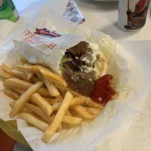 Delicious!!  The ketchup was for the fries!! not the kebab...just poor choice of location!! Haha