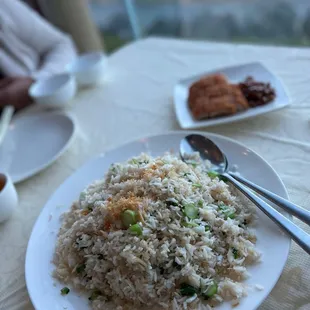 Scalloped fried rice and pork belly