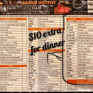 Menu, dinner menu $10 extra for what's on the right