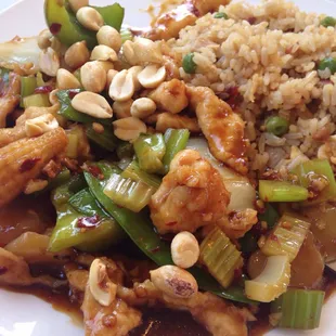 Kung Pao chicken lunch special with pork fried rice. It also comes with your choice of soup.