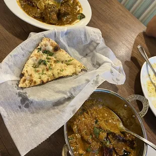 Chicken chetinard, goat curry and naan