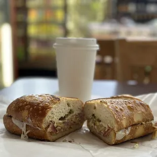 Thee Breakfast Sandwich and fresh coffee, made one cup at a time.