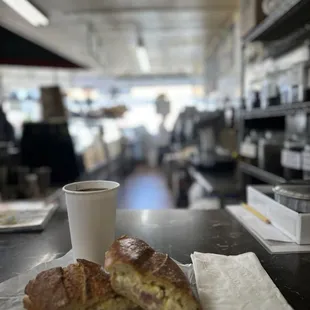 Dark Roast Coffee  Ham &amp; Egg Breakfast Sammy, Butter, Swiss Cheese, Gutted (bread hollowed out) On A Sour Roll.