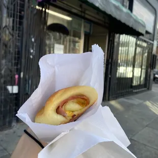 a person holding a hot dog
