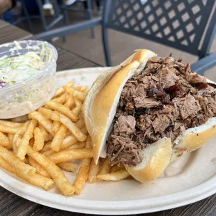 Brisket sandwich comes w fries (added side of slaw)