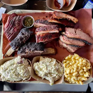 Tri tip, short ribs, spare ribs, brisket, potato salad, mac &amp; cheese