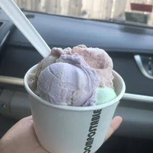 Five scoops - Black Hill Gold, Strawberry chip, peppermint chip, taro, and cookie monster