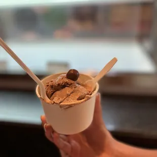 a hand holding a cup of ice cream
