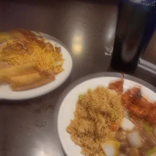 Chinese Food mostly egg rolls sesame chicken fried rice lo mein pepper steak and sautated cheese mushrooms with sweet tea
