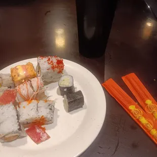 Variety of Sushi  with sweet tea