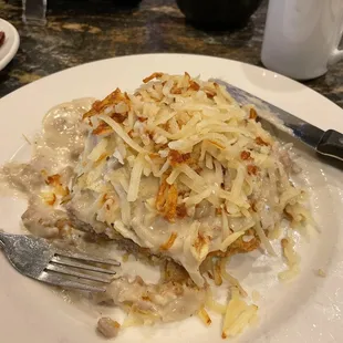 Country Fried Steak! I had the eggs put on top first and then the sausage gravy on top of that and then the hashbrowns!