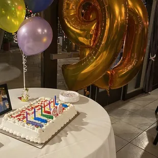 a birthday cake and balloons