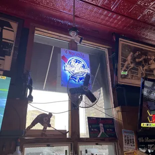 a neon sign in the window
