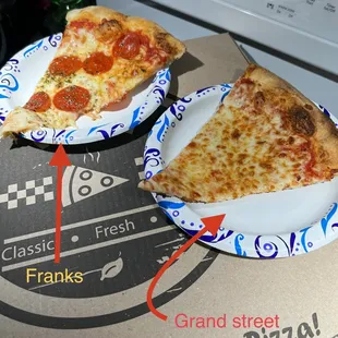 Franks pizza has pepperoni and extra cheese. Grand Streets is the plain cheese with extra cheese. Franks is far superior and cheaper.