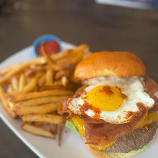 Breakfast burger and fries