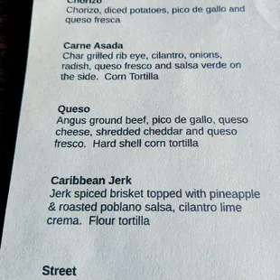 Taco menu