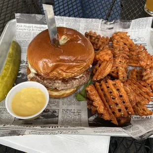 Garlic burger and sweet potato fries
