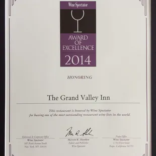 Enjoy a selection from our Award-Winning wine list on your next visit!  
Don't forget- $10 off any bottle of wine on our list!