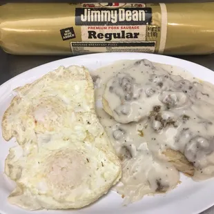 Tuesday special: Two eggs, Biscuits and gravy made with Jimmy Dean sausage NOT from can like most other places