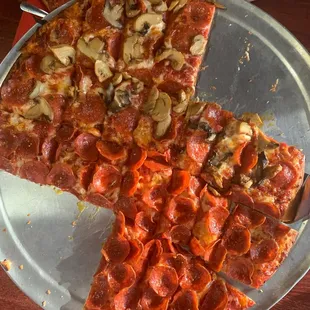 Pepironi and mushroom pizza