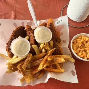 Chicken Tenders, fries, and Mac N Cheese.