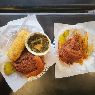 Hot Chicken, Fried Okra and Fried Corn. Greens.