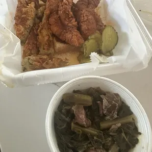 Chicken Tenders, Okra, Collard greens