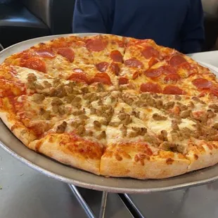 Large pizza half pepperoni half sausage