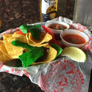 Colorful chips with salsa free at sit down order