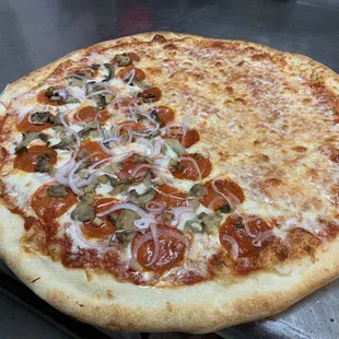 pepperoni, olives, and cheese