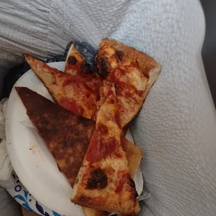 slices of pizza on a paper plate