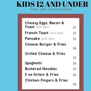 Screenshot of the menu showing apple juice is included with kids meals even though we were told otherwise