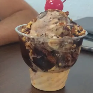 This is a brownie sundae! Ice cream on the top and bottom!