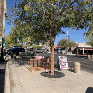 Outside seating and benches next door