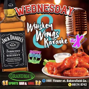 a plate of chicken wings and a bottle of whiskey