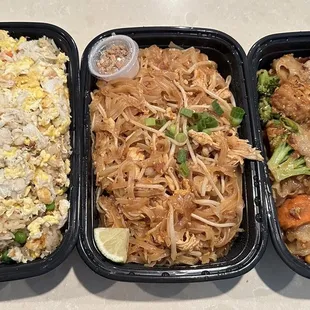 Crab fried rice, chicken pad Thai and tofu pad kee mao