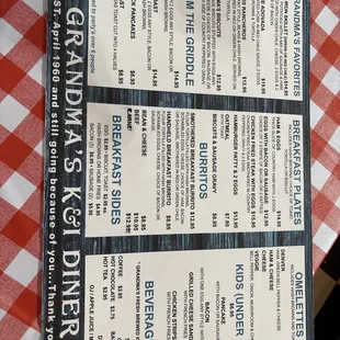 Updated menu  prices