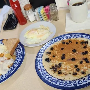 Home-style breakfast and blueberry pancakes