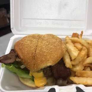 a hamburger and french fries