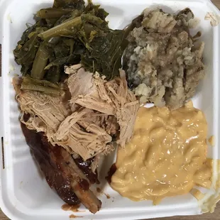 Sample Plate - Mac n cheese, mash potatoes and gravy, collard greens, ribs, pulled pork