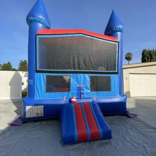 Blue and Red castle available for your next party. Call or text 909-702-9797 to reserve.