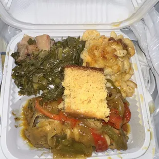 Baked Mac and Cheese, smothered Turkey Wings, Corn Bread, &amp; Collard Greens